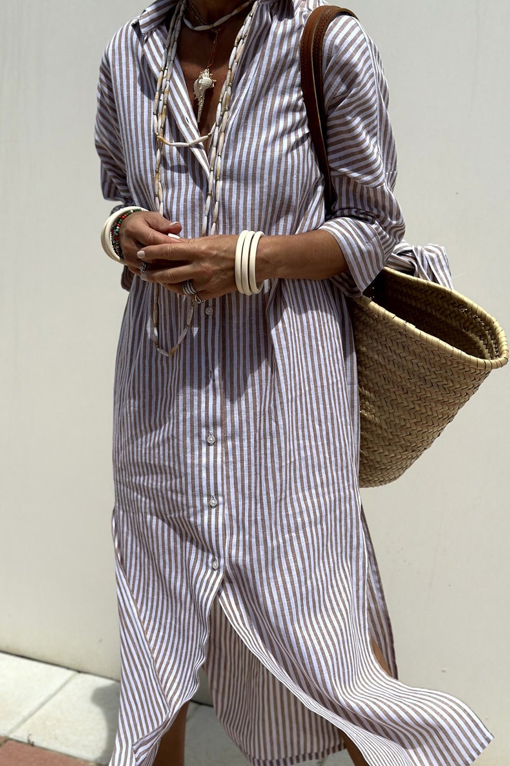 Linen Striped Midi Dress Button-Down Collared Long Sleeve