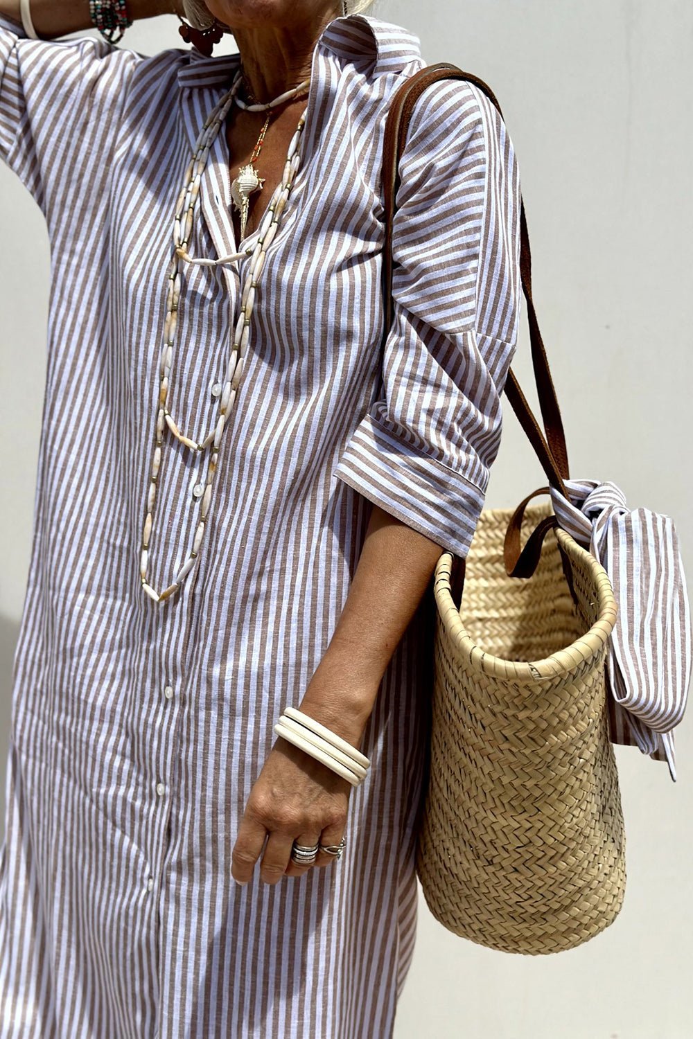 Linen Striped Midi Dress Button-Down Collared Long Sleeve - Khaki