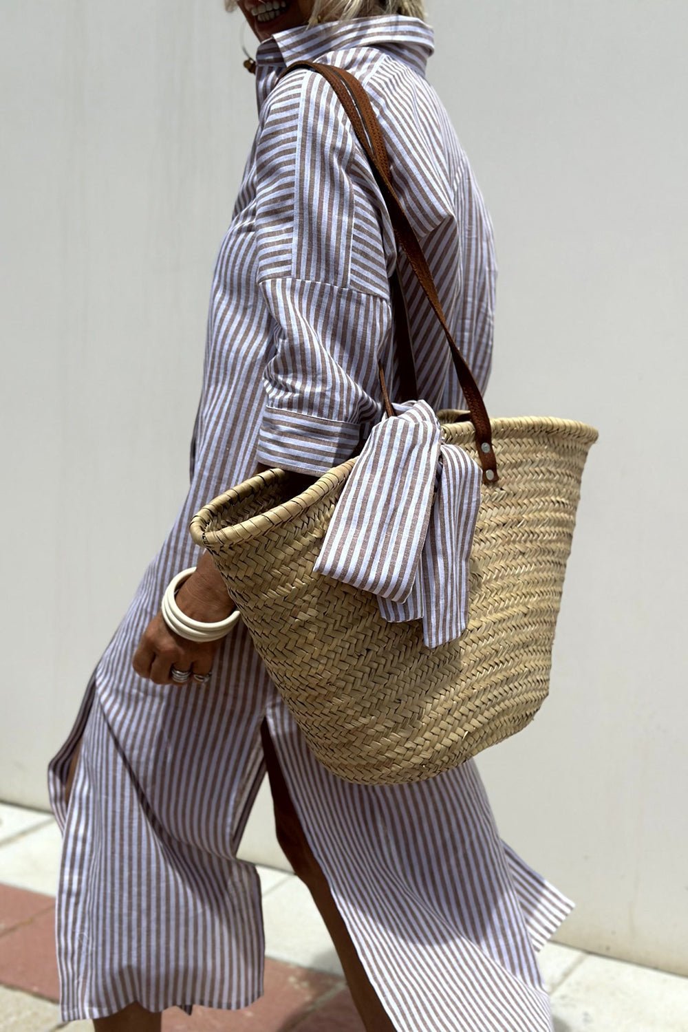 Linen Striped Midi Dress Button-Down Collared Long Sleeve