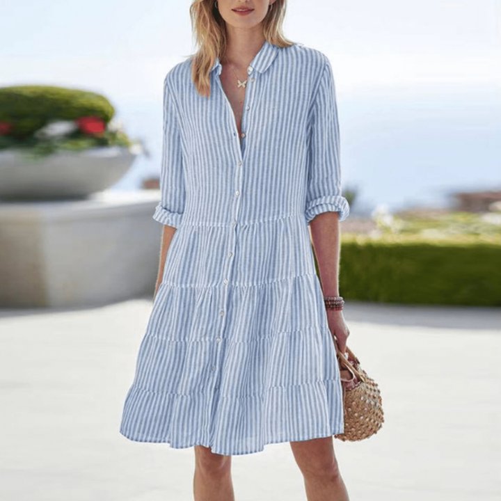 Linen Striped Shirt Dress Tiered Button-Down 3/4 Sleeve - Light Blue