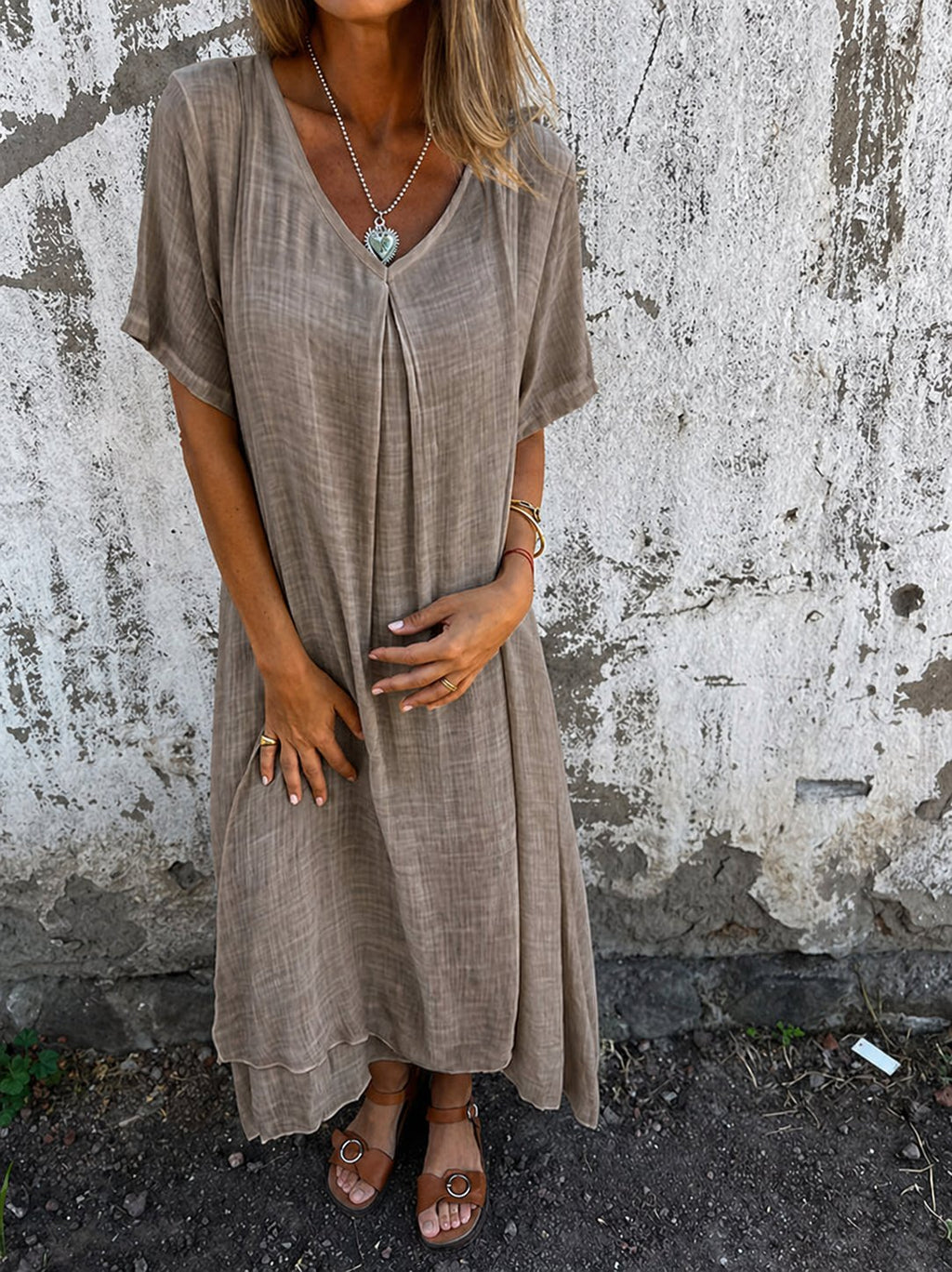 Loose V-Neck Dress Relaxed Fit Short Sleeve Midi - Beige
