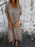 Loose V-Neck Dress Relaxed Fit Short Sleeve Midi - Beige