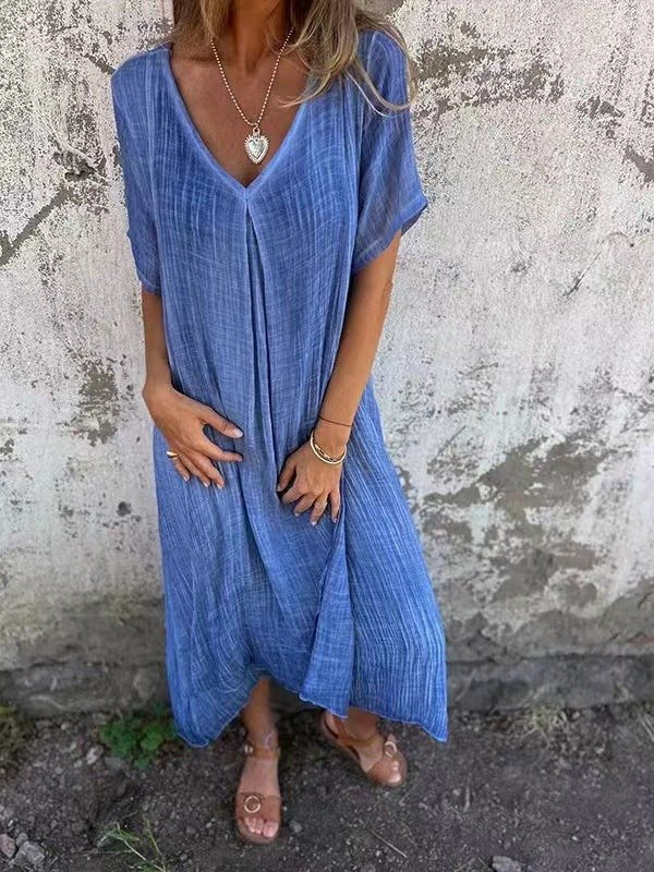 Loose V-Neck Dress Relaxed Fit Short Sleeve Midi - Blue