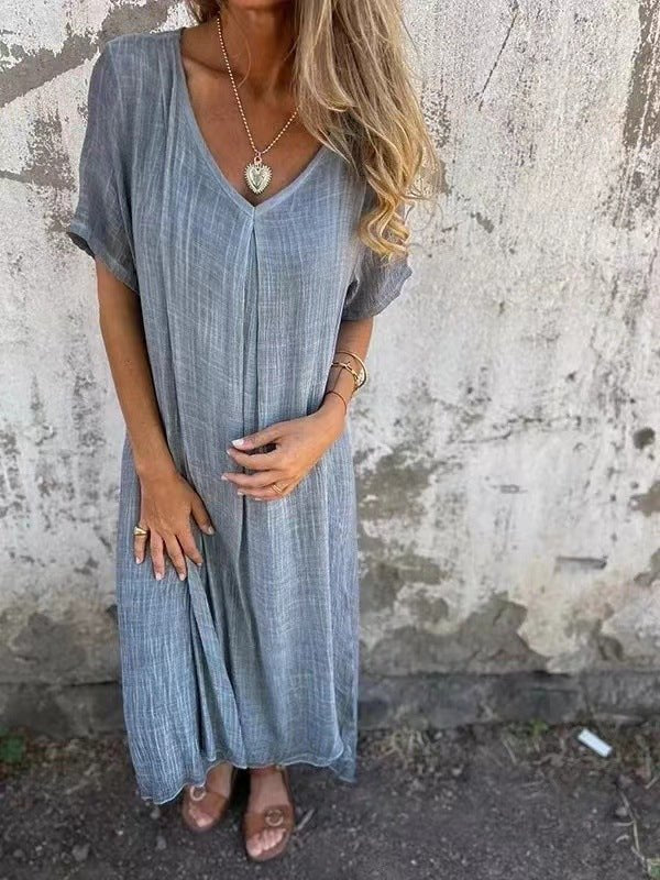 Loose V-Neck Dress Relaxed Fit Short Sleeve Midi - Gray