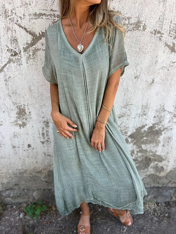 Loose V-Neck Dress Relaxed Fit Short Sleeve Midi - Green