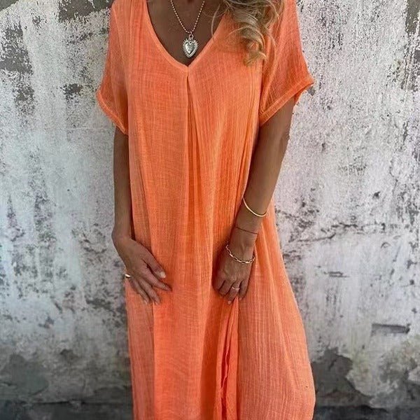Loose V-Neck Dress Relaxed Fit Short Sleeve Midi - Orange