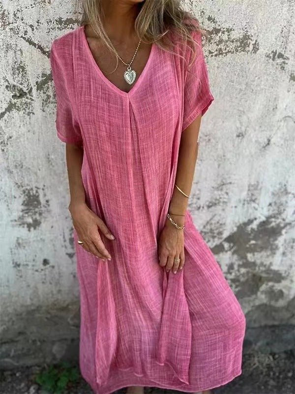 Loose V-Neck Dress Relaxed Fit Short Sleeve Midi - Pink