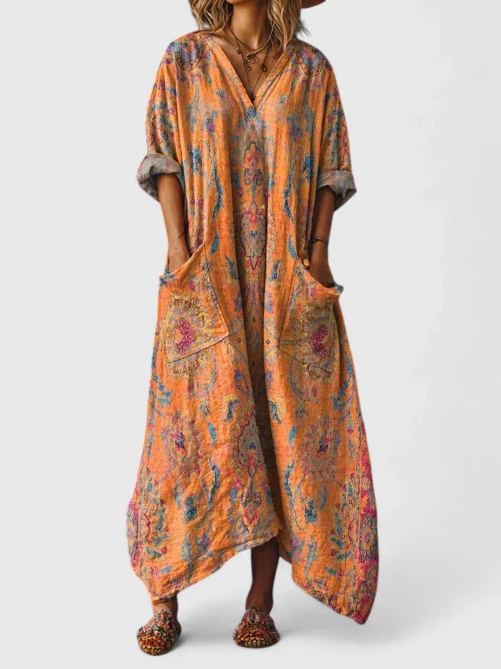 Maxi Dress Cotton Bohemian Paisley Print V-Neck Oversized - Orange