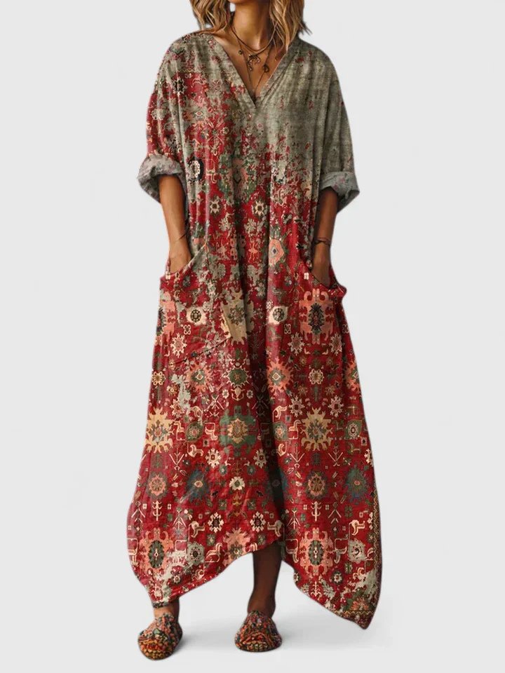 Maxi Dress Cotton Bohemian Paisley Print V-Neck Oversized - Red