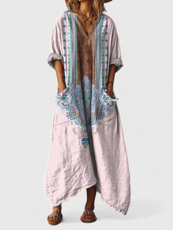 Maxi Dress Cotton Bohemian Paisley Print V-Neck Oversized - Light Pink