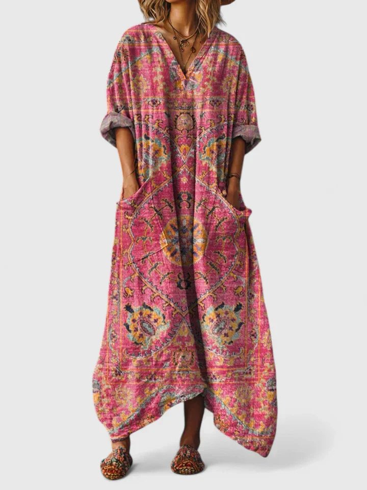 Maxi Dress Cotton Bohemian Paisley Print V-Neck Oversized - Dark Pink