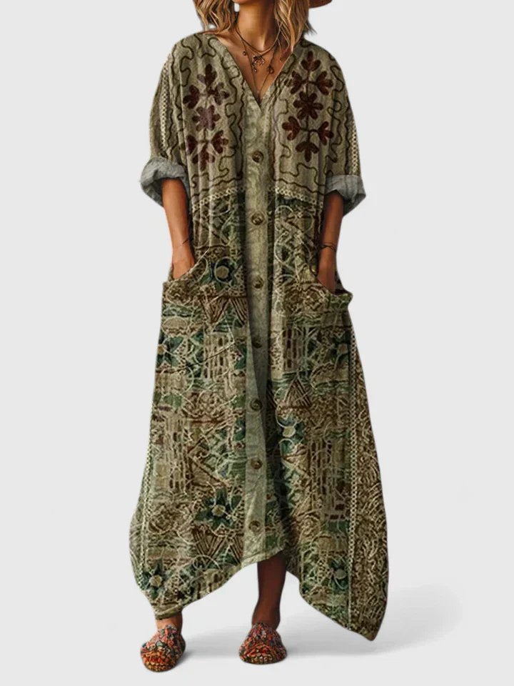 Maxi Dress Cotton Bohemian Paisley Print V-Neck Oversized - Olive Green