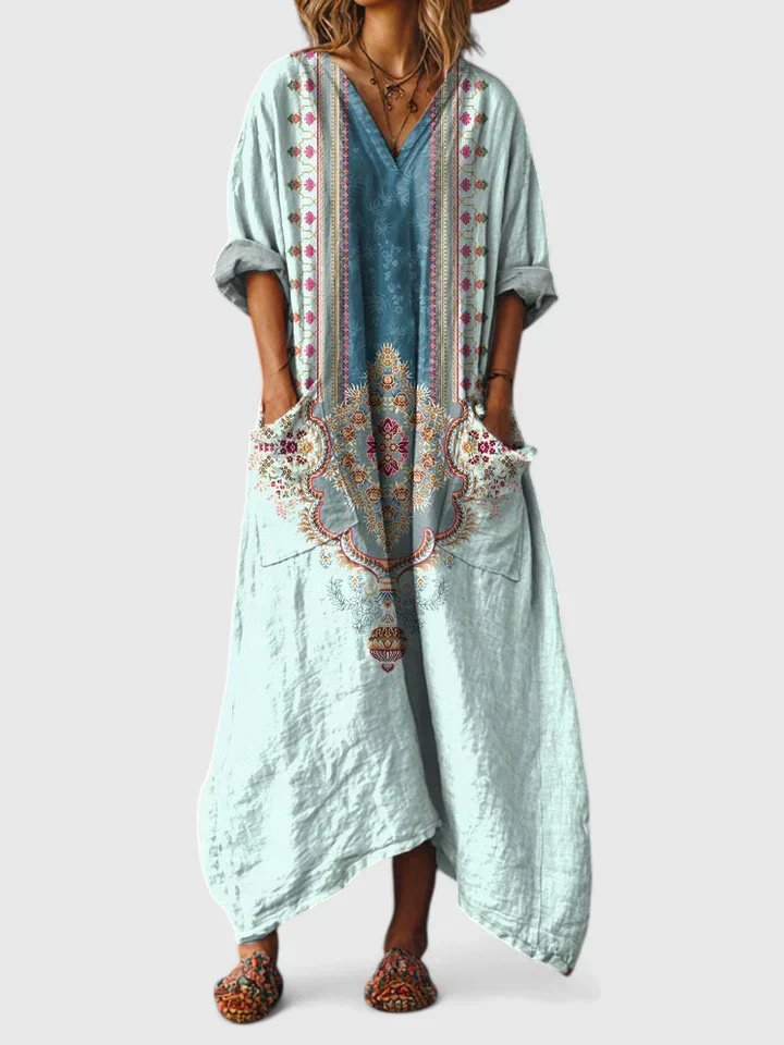 Maxi Dress Cotton Bohemian Paisley Print V-Neck Oversized - Powder Blue