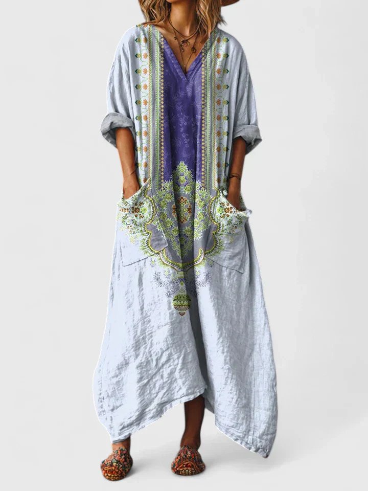 Maxi Dress Cotton Bohemian Paisley Print V-Neck Oversized - Light Blue