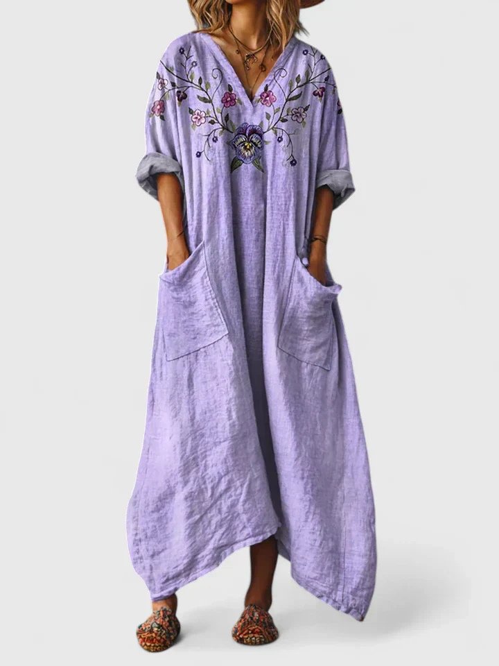 Maxi Dress Cotton Bohemian Paisley Print V-Neck Oversized - Purple