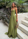 Maxi Dress Halter Corset Pleated Wedding Guest - Green