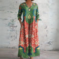 Maxi Dress Linen Boho Floral V-Neck Long Sleeve Pockets