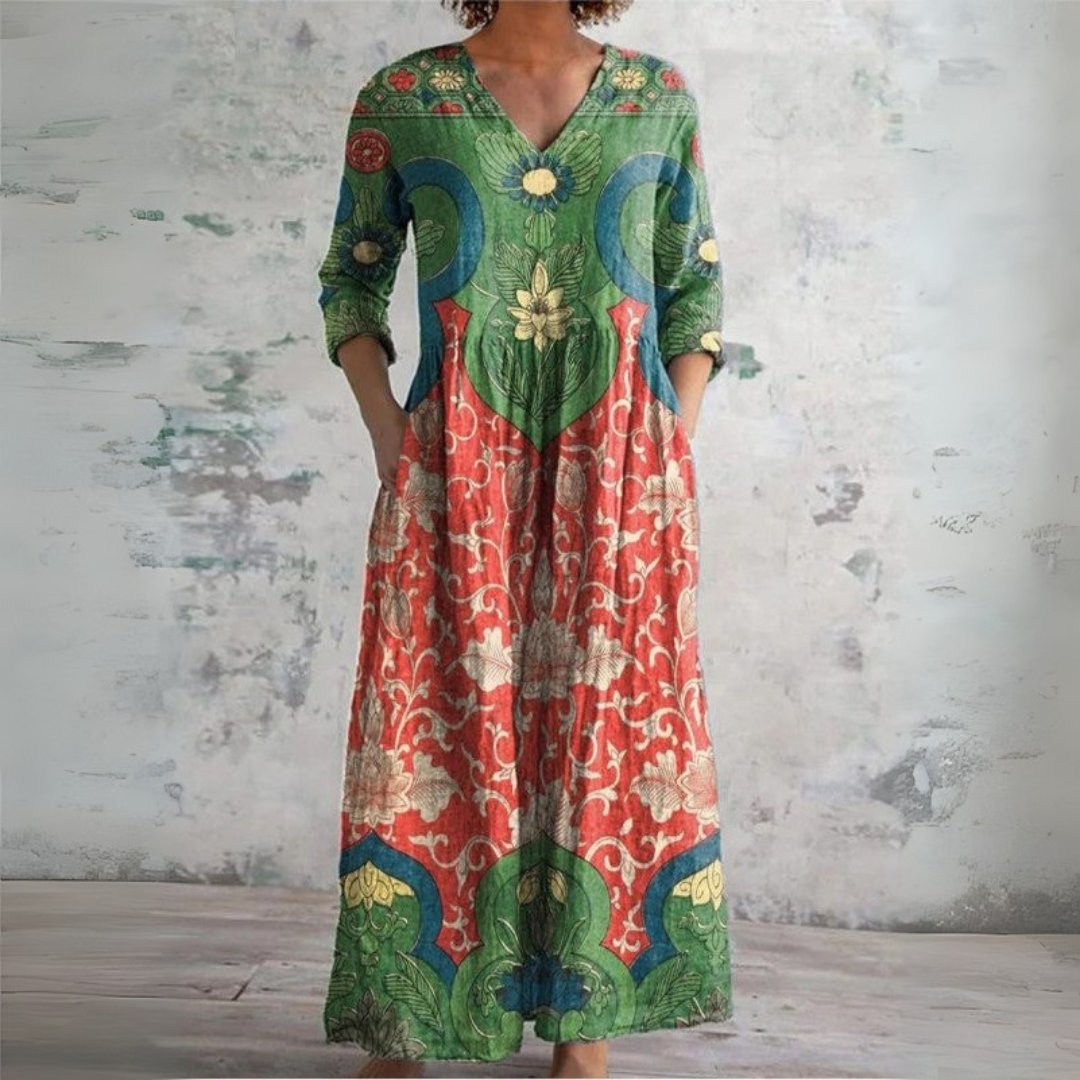 Maxi Dress Linen Boho Floral V-Neck Long Sleeve Pockets