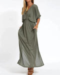 Maxi Dress Relaxed Fit V-Neck Elastic Waist Summer - Army Green