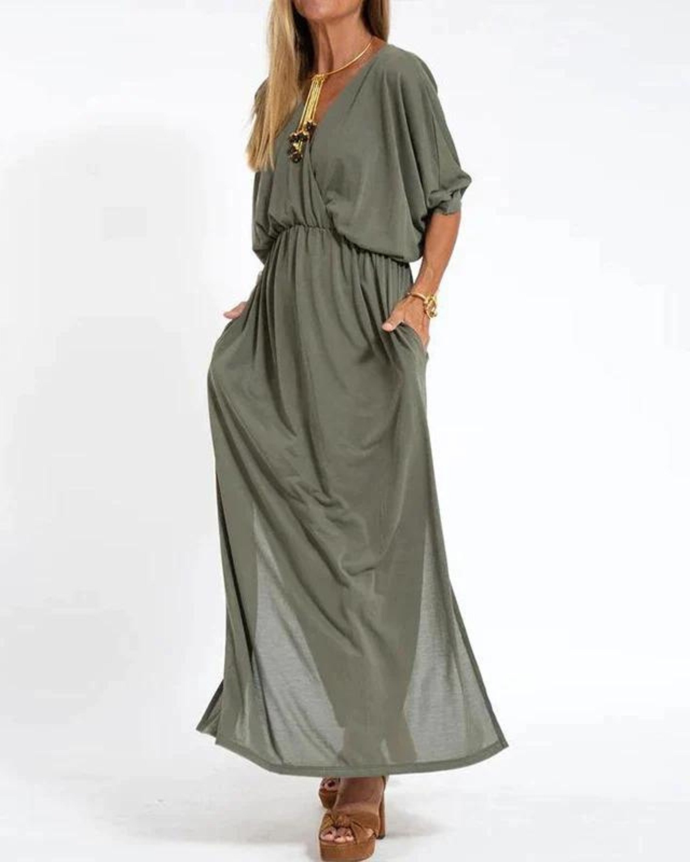 Maxi Dress Relaxed Fit V-Neck Elastic Waist Summer - Army Green