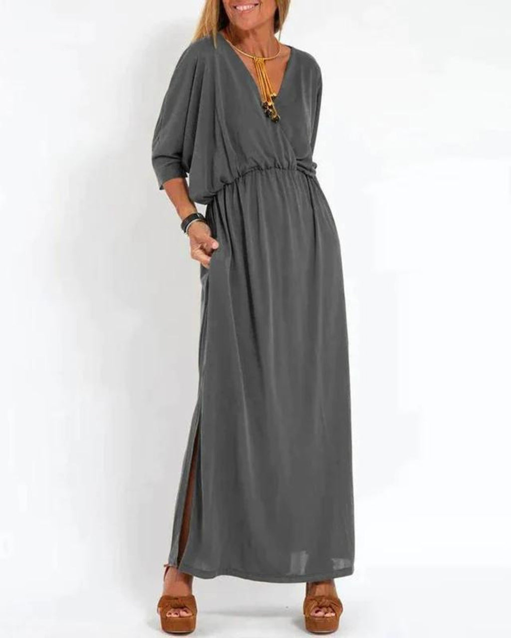 Maxi Dress Relaxed Fit V-Neck Elastic Waist Summer - Gray