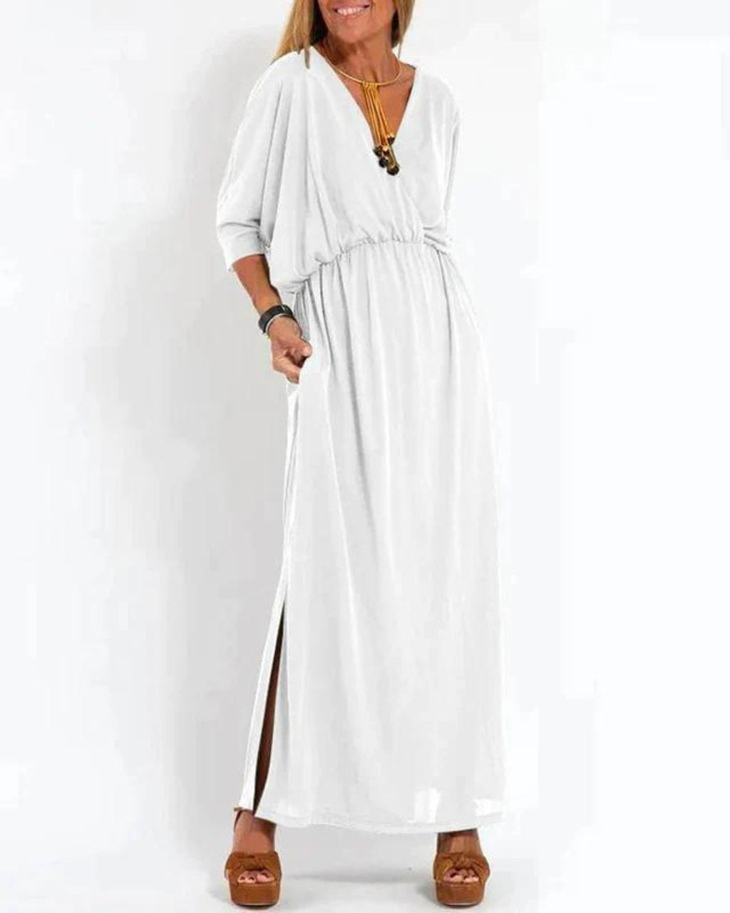 Maxi Dress Relaxed Fit V-Neck Elastic Waist Summer - White