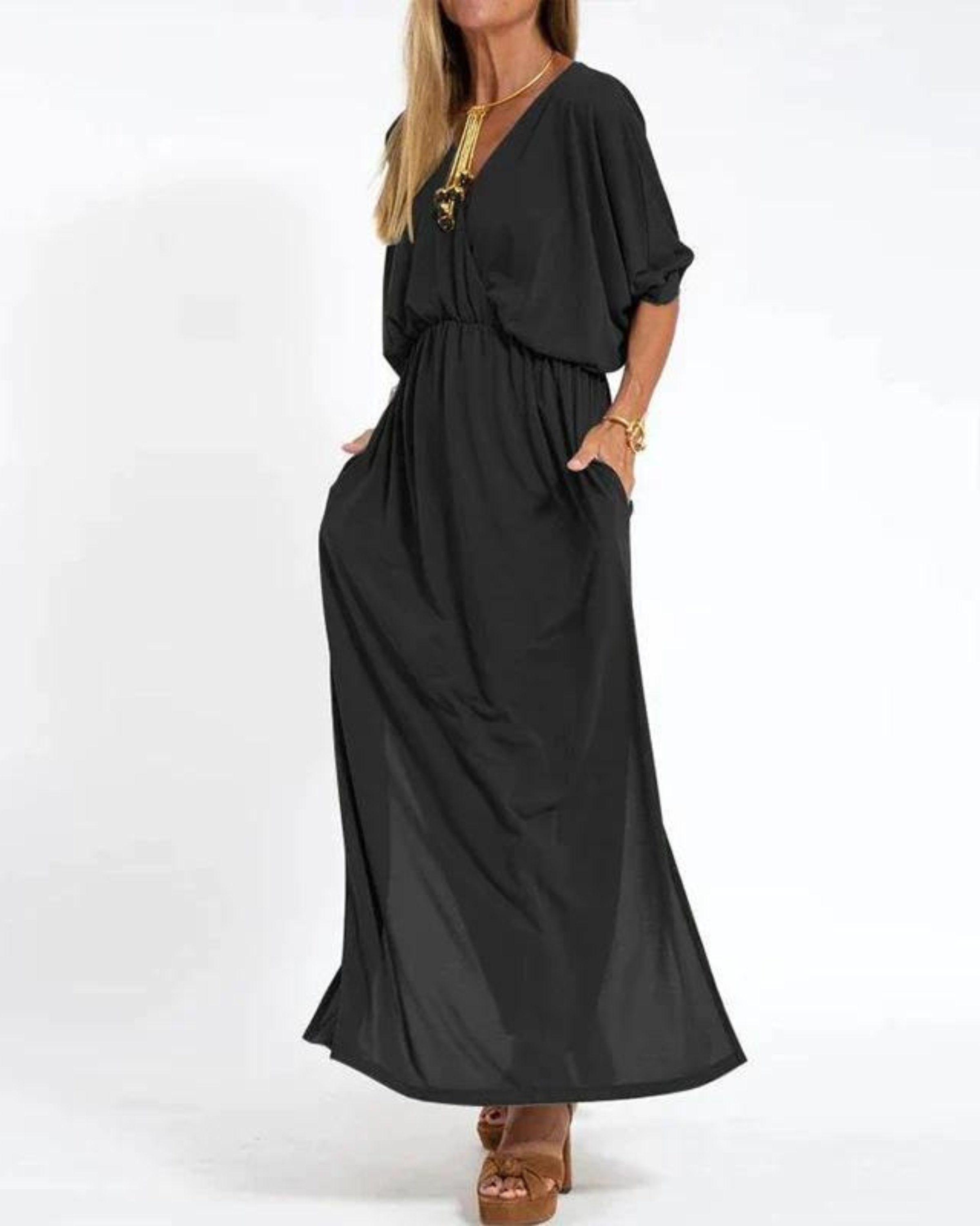 Maxi Dress Relaxed Fit V-Neck Elastic Waist Summer - Black