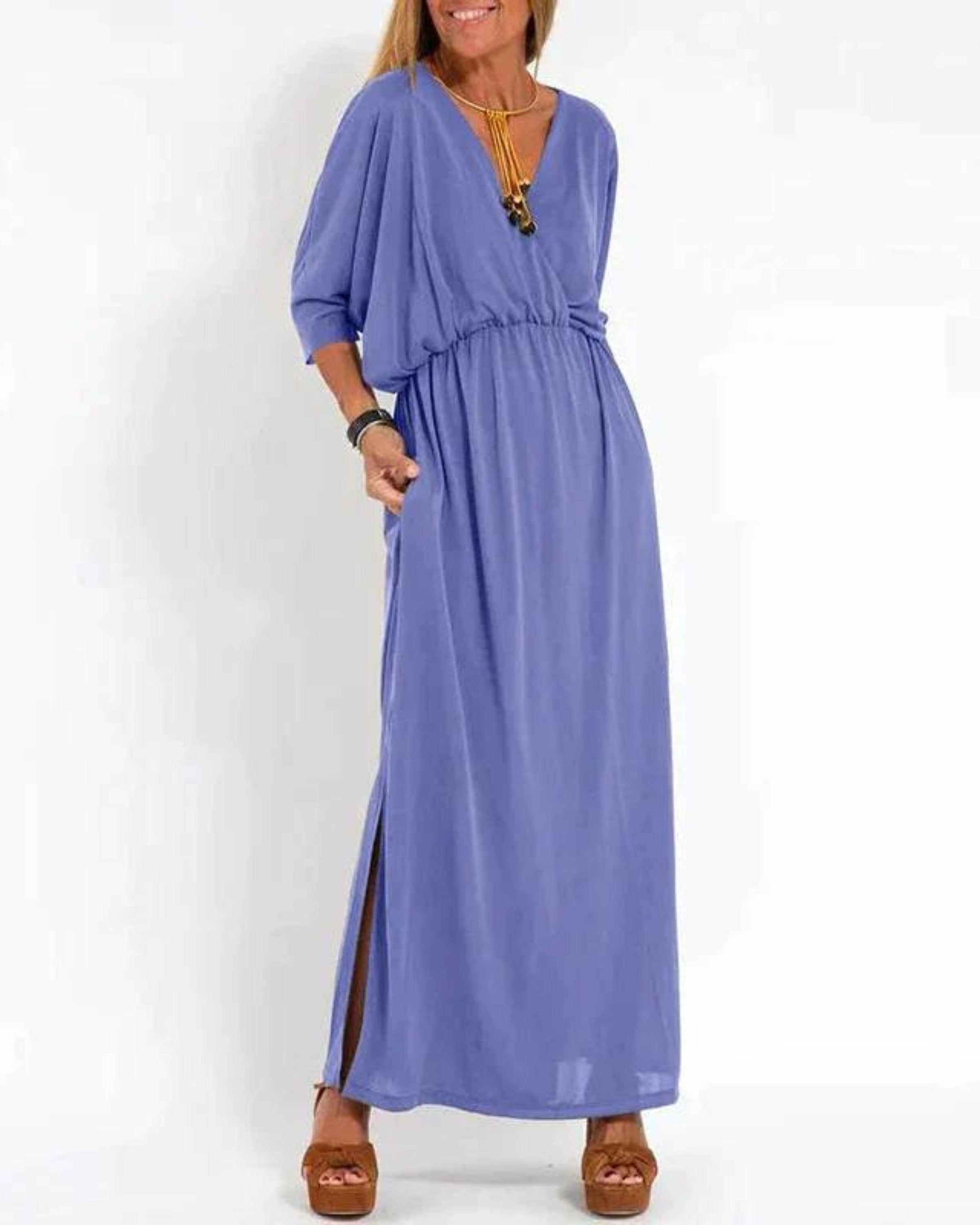 Maxi Dress Relaxed Fit V-Neck Elastic Waist Summer - Blue