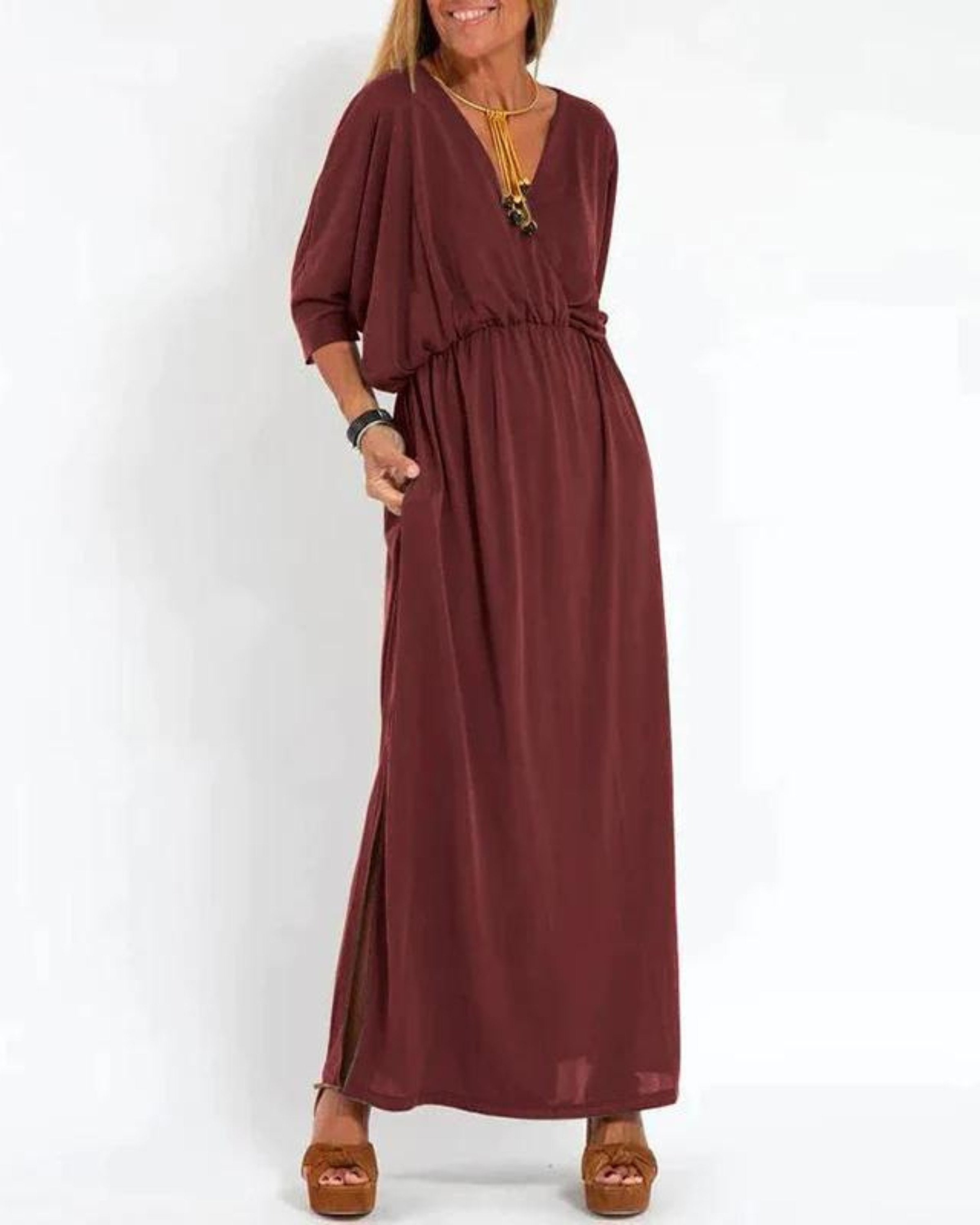 Maxi Dress Relaxed Fit V-Neck Elastic Waist Summer - Red