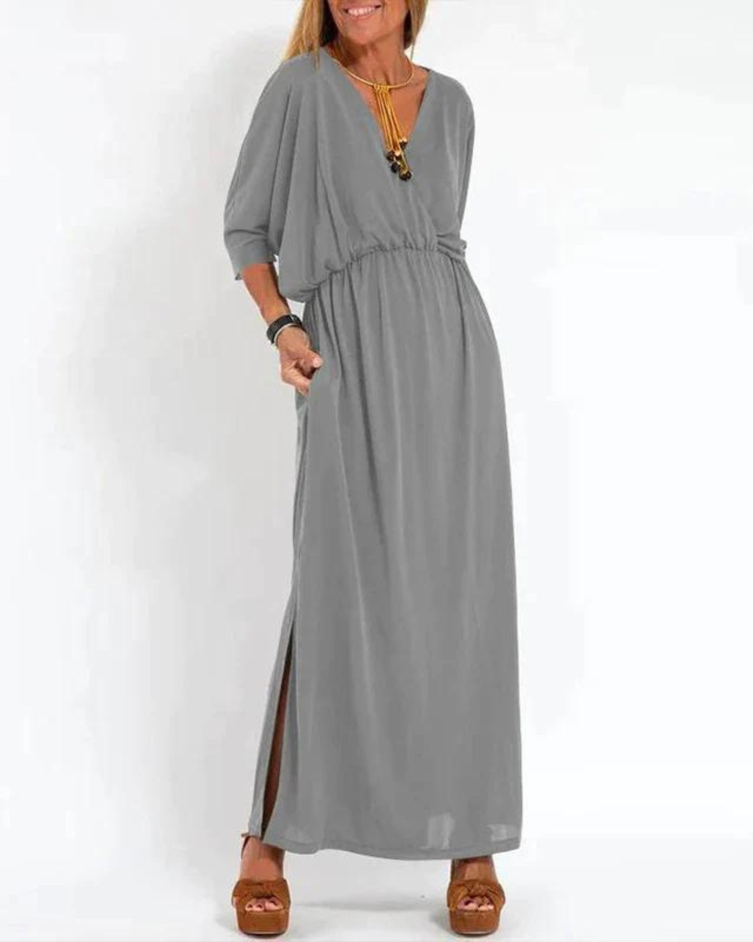Maxi Dress Relaxed Fit V-Neck Elastic Waist Summer - Light Gray