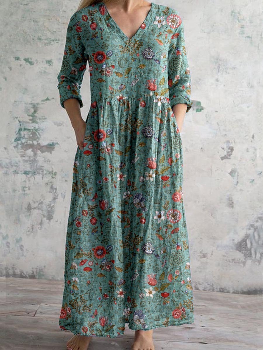 Maxi Dress V-Neck 3/4 Sleeve Boho Cotton Floral Pockets