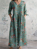 Maxi Dress V-Neck 3/4 Sleeve Boho Cotton Floral Pockets