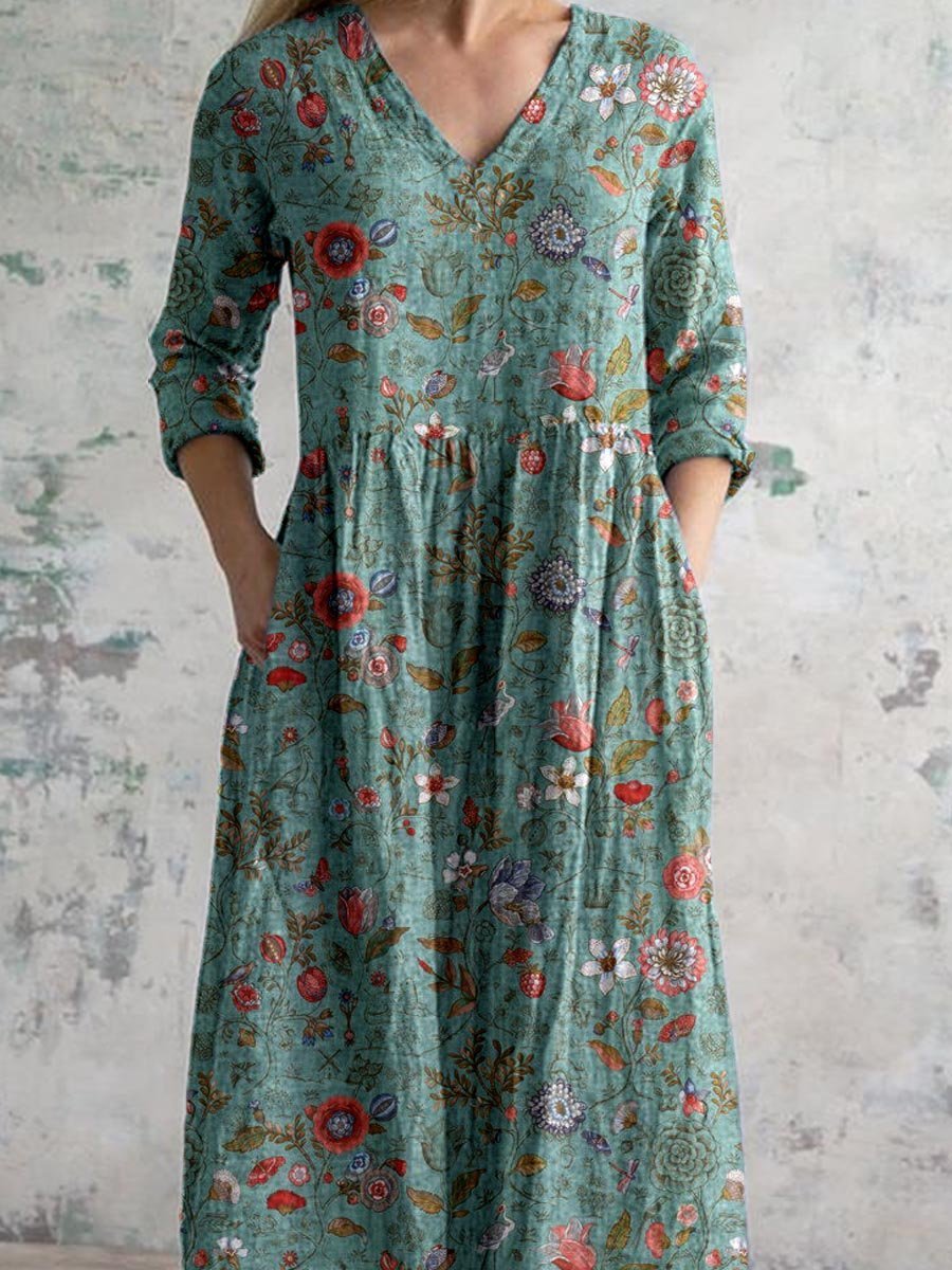 Maxi Dress V-Neck 3/4 Sleeve Boho Cotton Floral Pockets