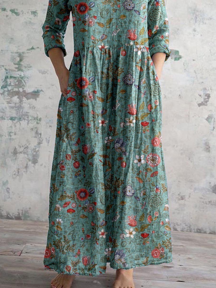 Maxi Dress V-Neck 3/4 Sleeve Boho Cotton Floral Pockets