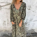 Maxi Dress V-Neck Long Sleeve Animal Print Flowing - Khaki