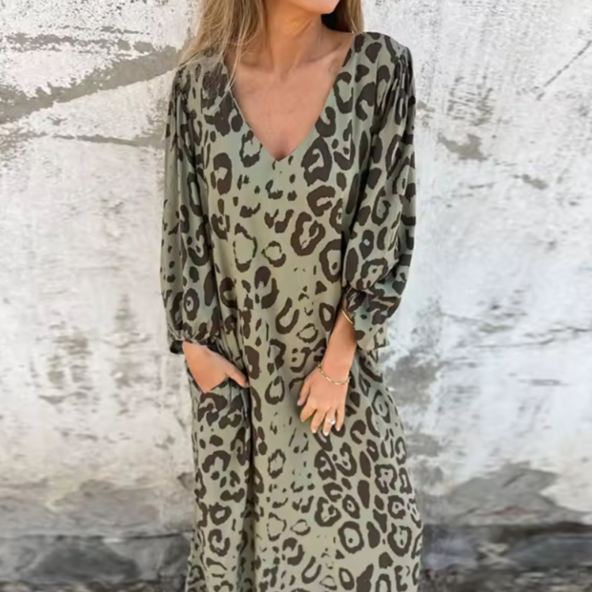 Maxi Dress V-Neck Long Sleeve Animal Print Flowing - Khaki