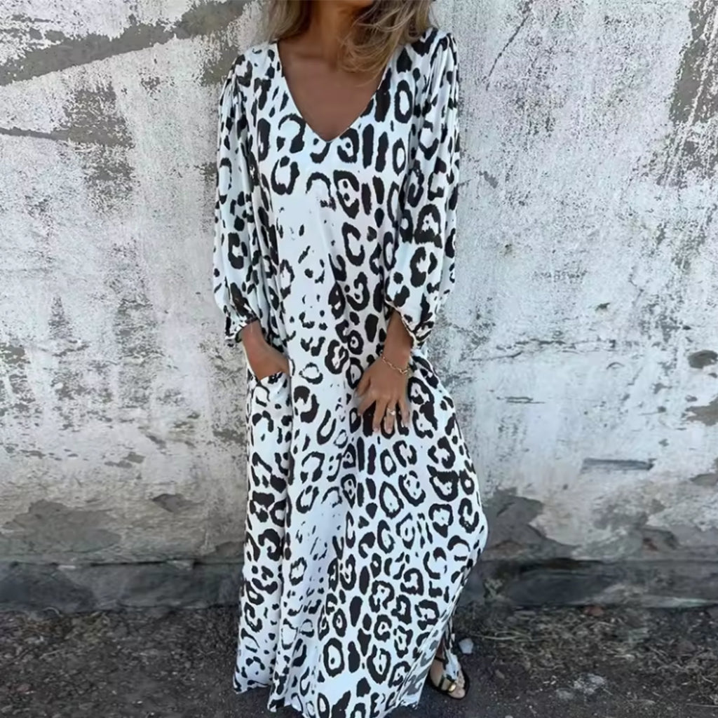 Maxi Dress V-Neck Long Sleeve Animal Print Flowing - White