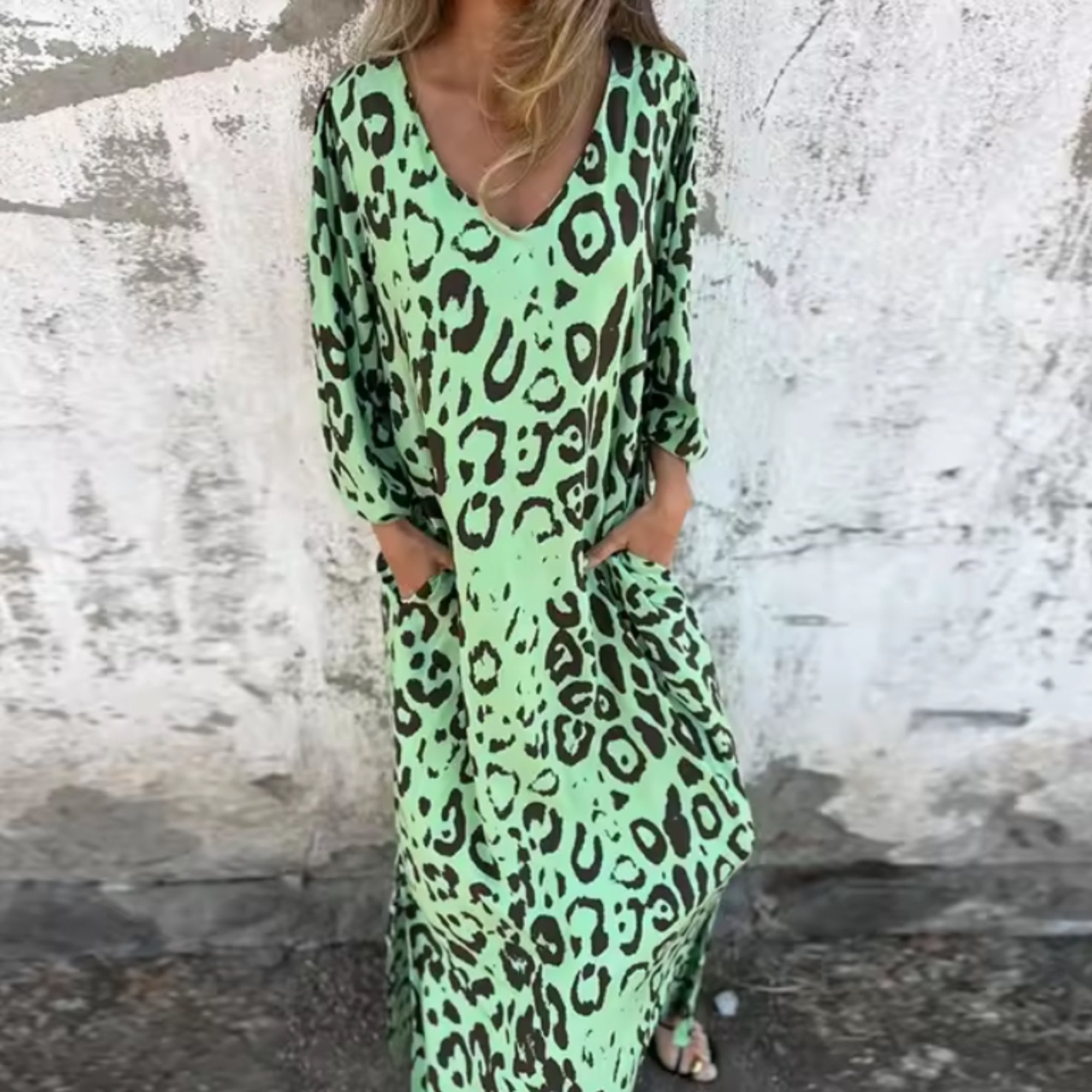 Maxi Dress V-Neck Long Sleeve Animal Print Flowing - Green