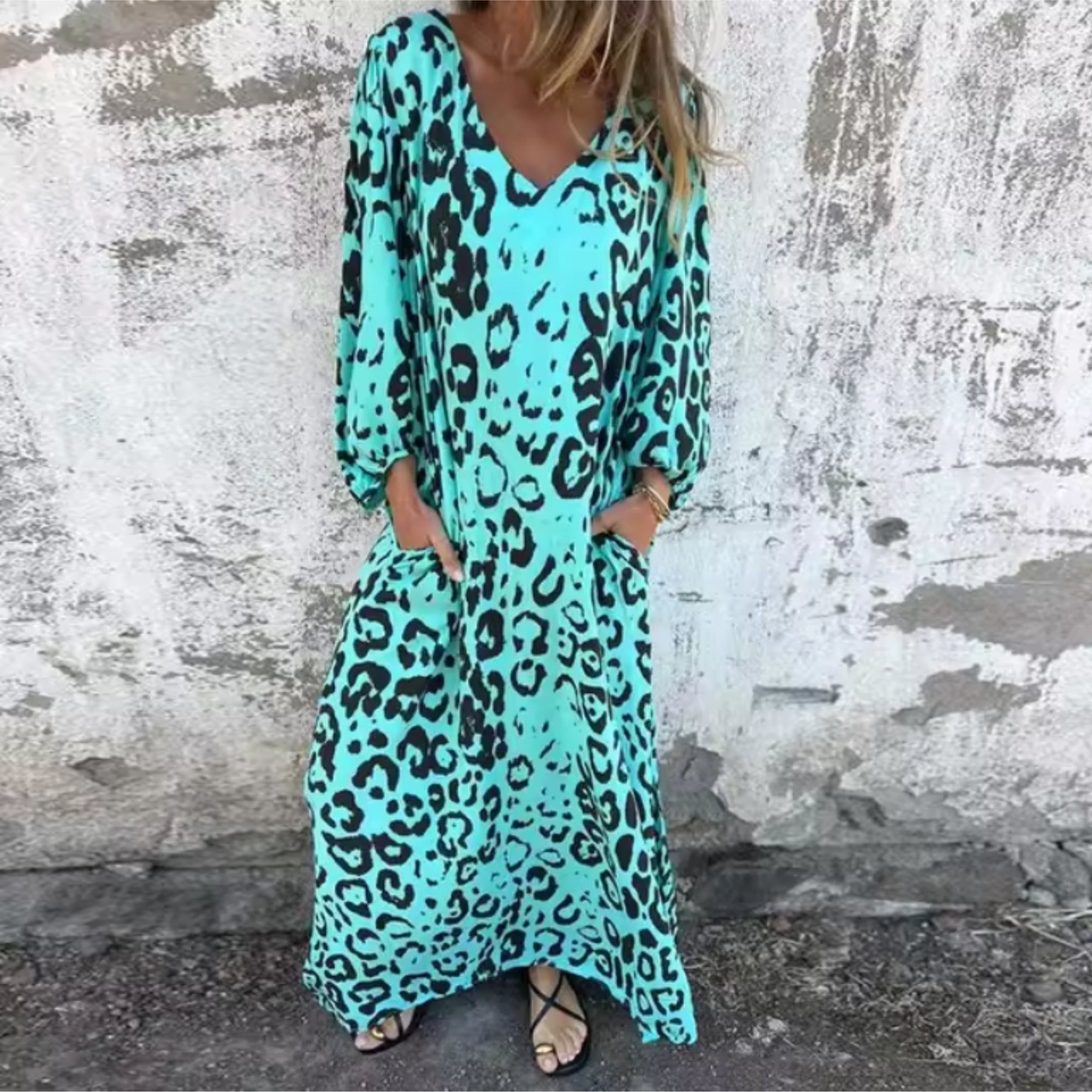Maxi Dress V-Neck Long Sleeve Animal Print Flowing - Turquoise