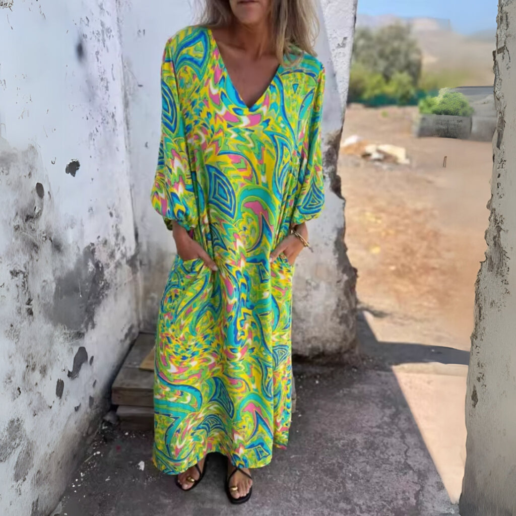 Maxi Dress V-Neck Long Sleeve Animal Print Flowing - Multi Color Green
