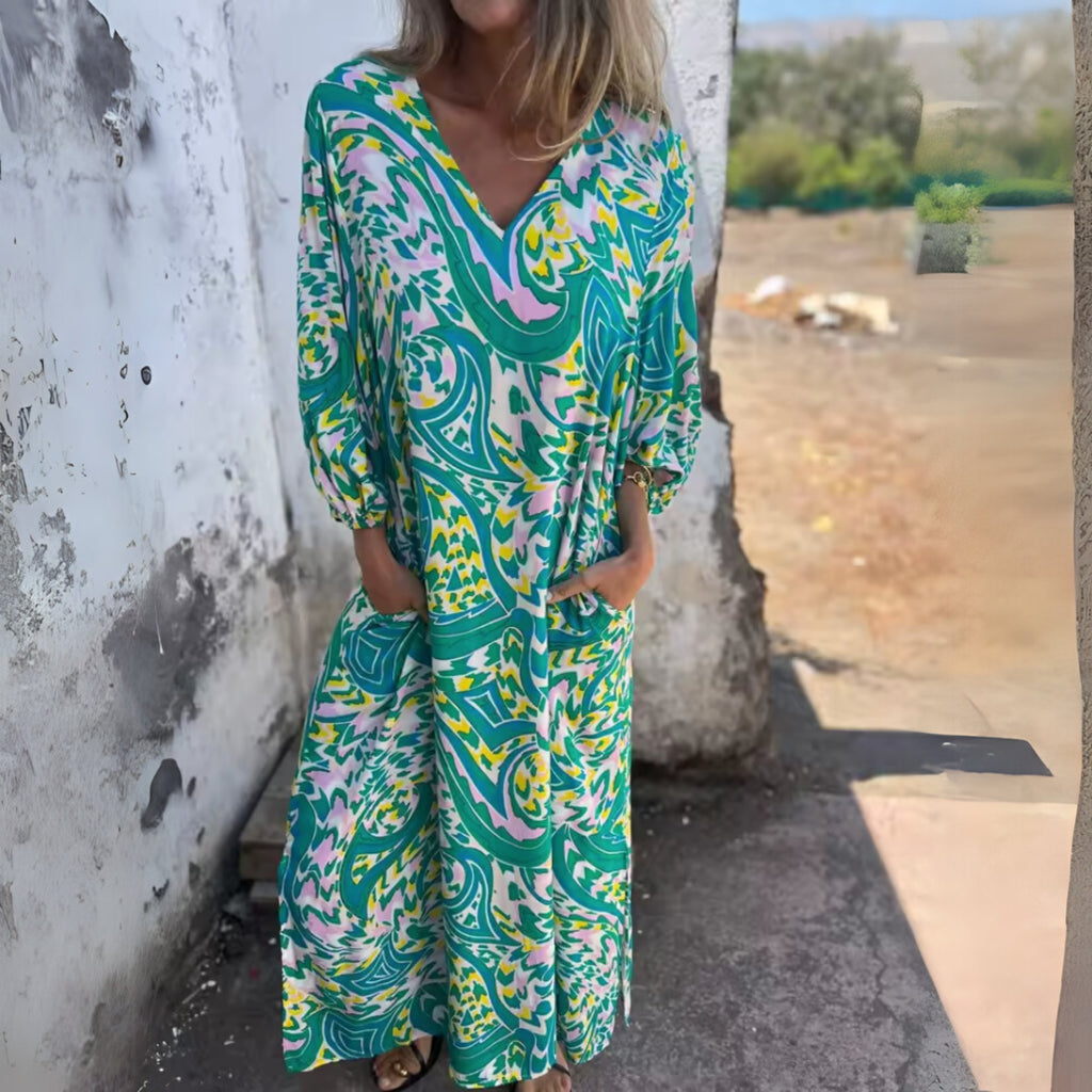 Maxi Dress V-Neck Long Sleeve Animal Print Flowing - Multi Color Blue