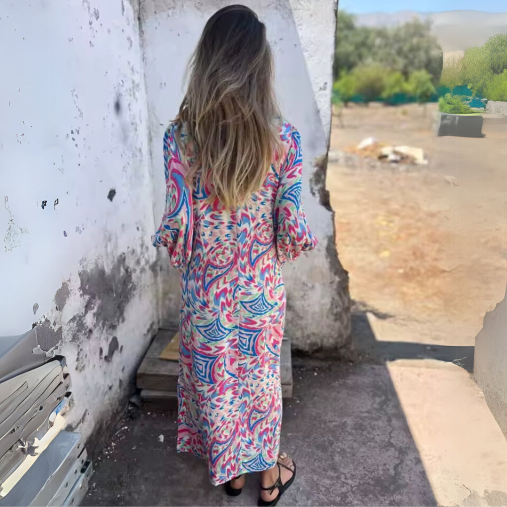 Maxi Dress V-Neck Long Sleeve Animal Print Flowing