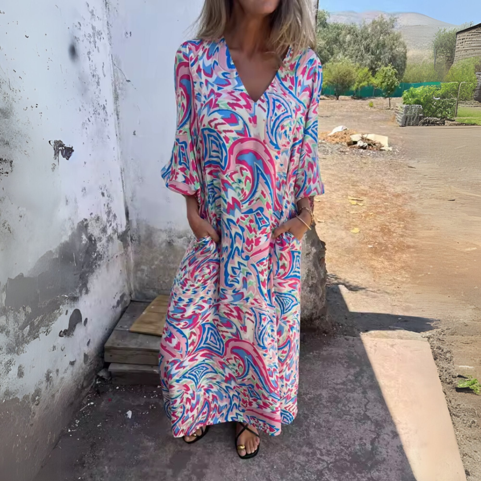 Maxi Dress V-Neck Long Sleeve Animal Print Flowing - Multi Color Purple
