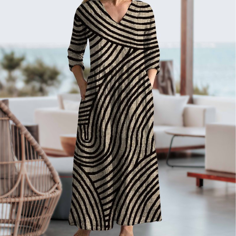 Maxi Dress V-Neck Striped 3/4 Sleeve Vintage Style