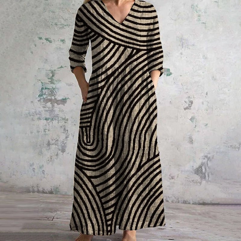 Maxi Dress V-Neck Striped 3/4 Sleeve Vintage Style - Brown & Black (Almost sold out)