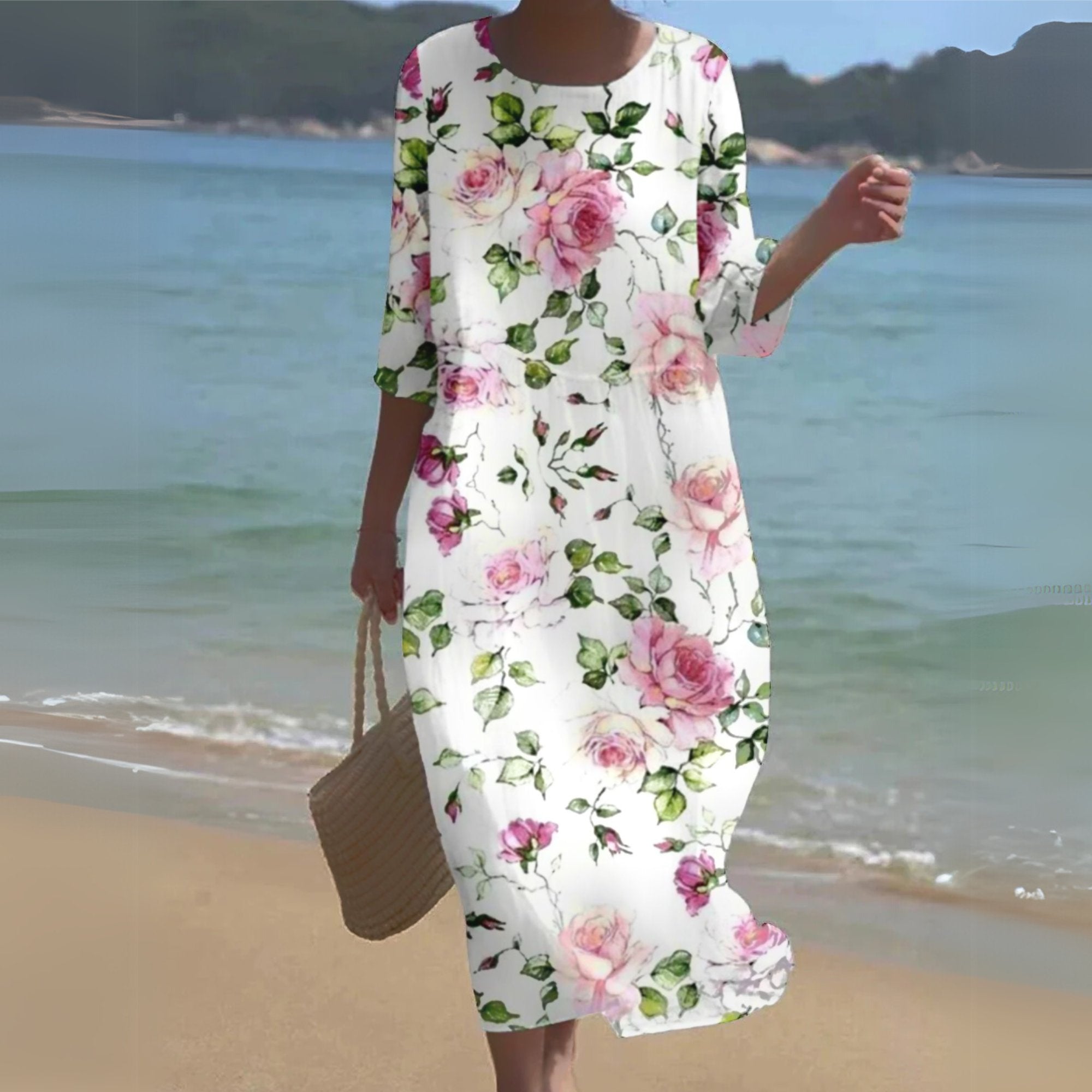 Maxi Floral Dress 3/4 Sleeve Round Neck Casual Summer