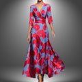 Maxi Wrap Dress V-Neck Bohemian Floral 3/4 Sleeve - Red