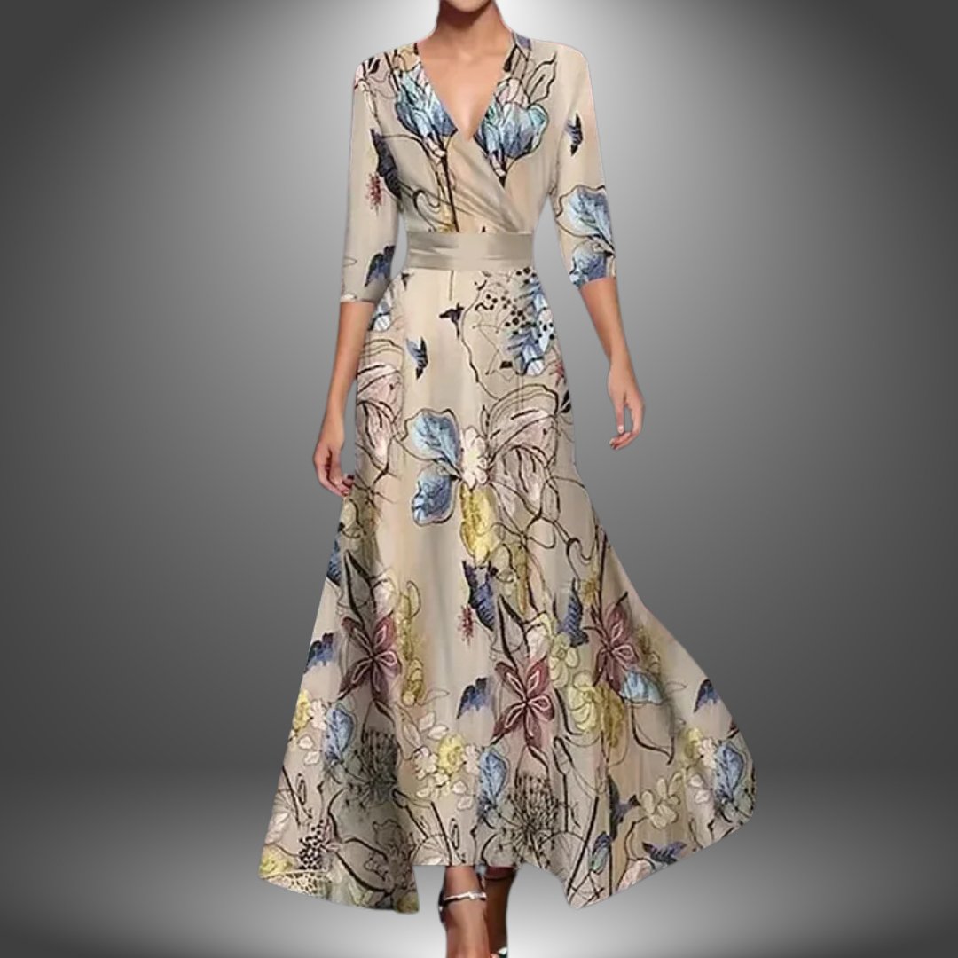 Maxi Wrap Dress V-Neck Bohemian Floral 3/4 Sleeve - Champagne