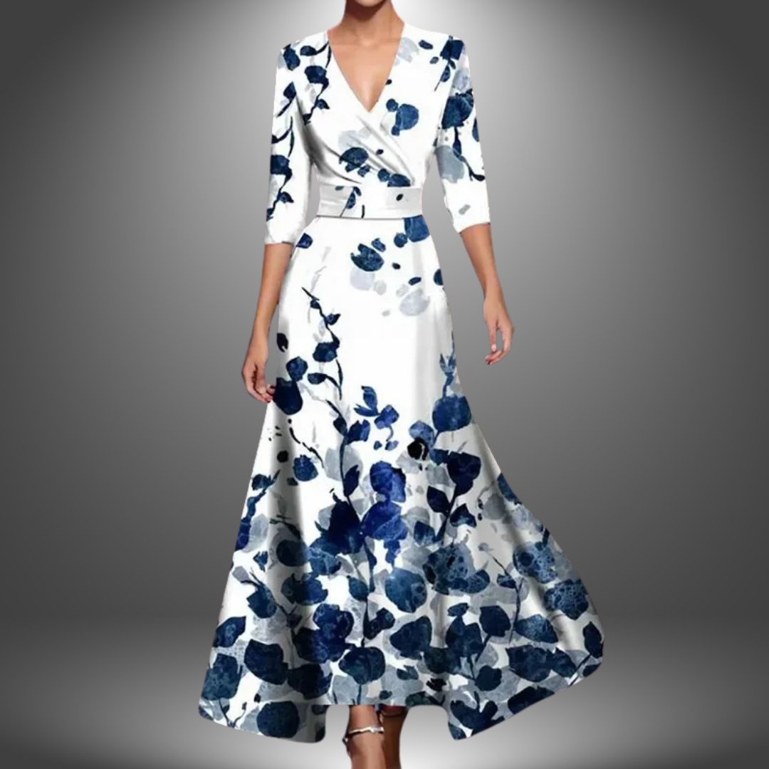 Maxi Wrap Dress V-Neck Bohemian Floral 3/4 Sleeve - White