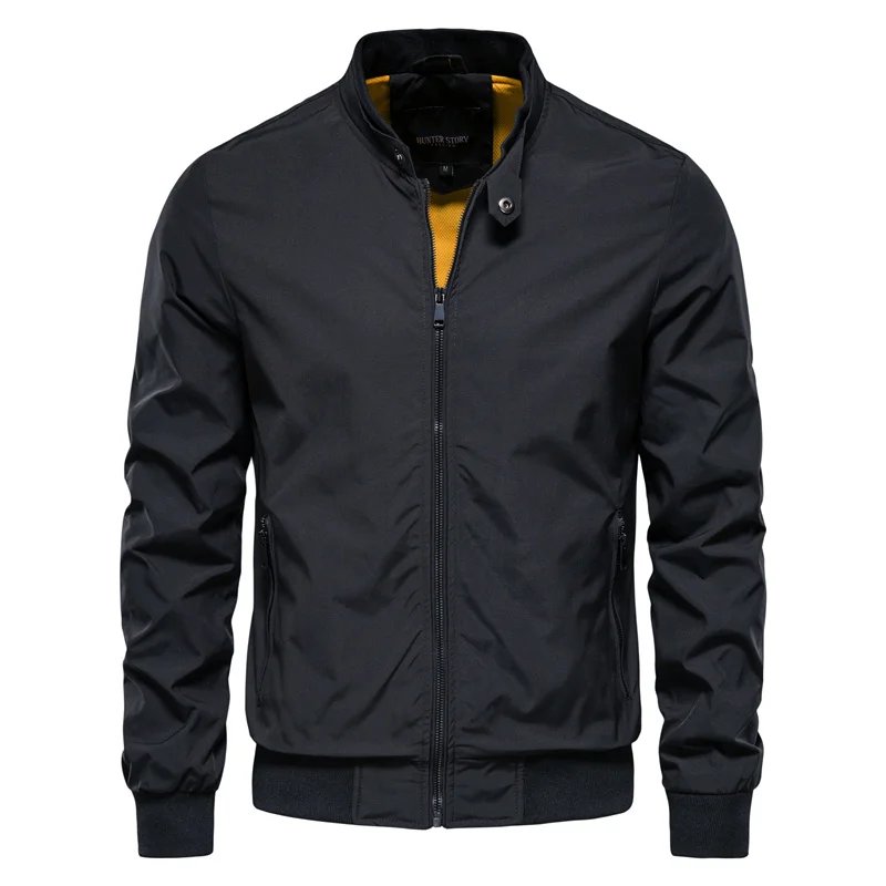 Men's Bomber Jacket Zip Front Stand Collar Ribbed Cuffs - Black